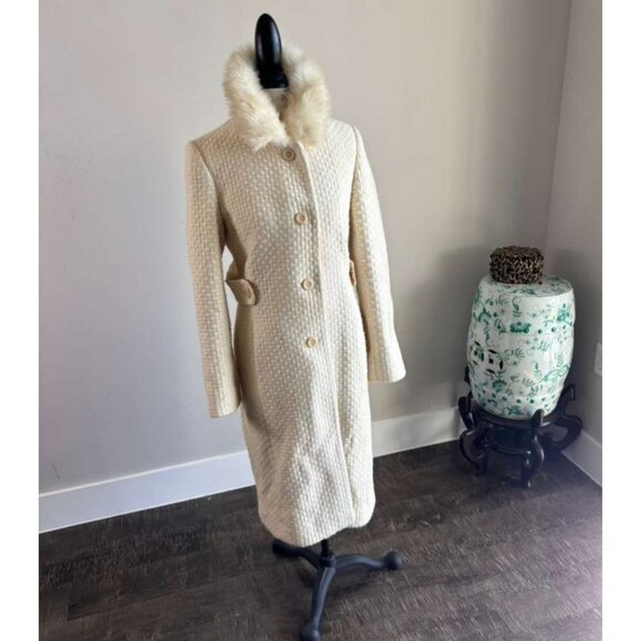 Y2K Moda Women Wool Coat with Faux Fur Collar Cream Size 10 - Picture 14 of 14